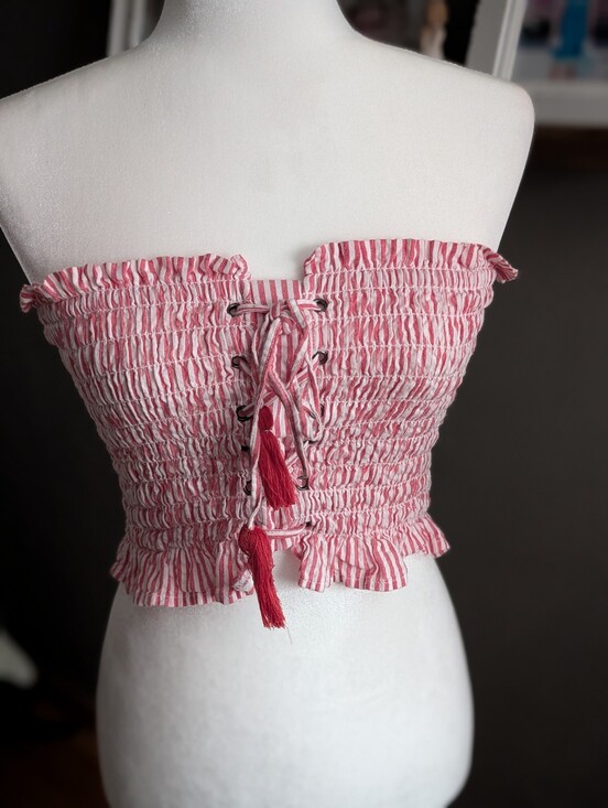 American Eagle Outfitters Tops - American Eagle Smocked Strapless Crop Top Small Red White Stripe Tassel Boho